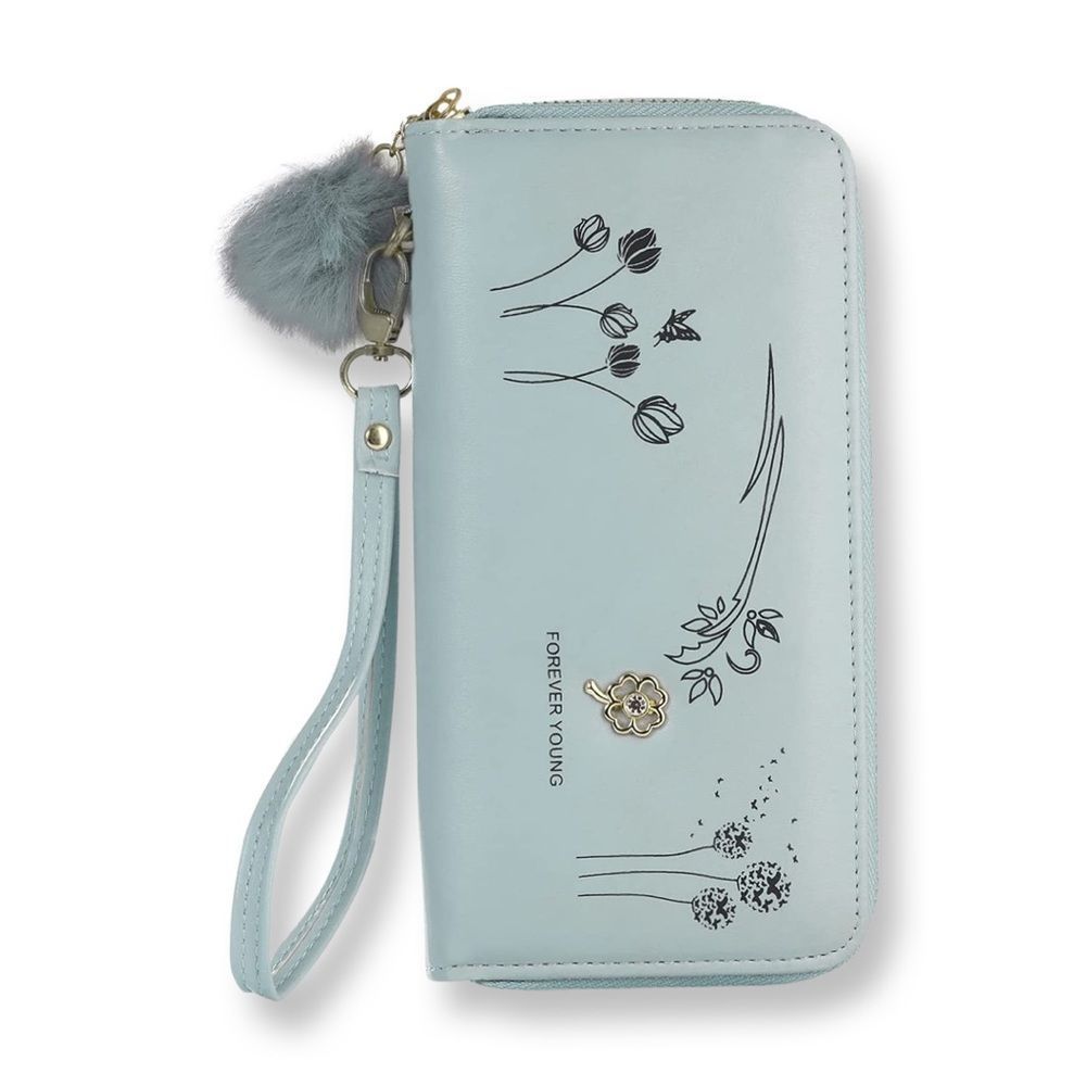 RUI Women’s RFID Blocking Leather Wallet Clutch Wristlet Blue Floral Design
